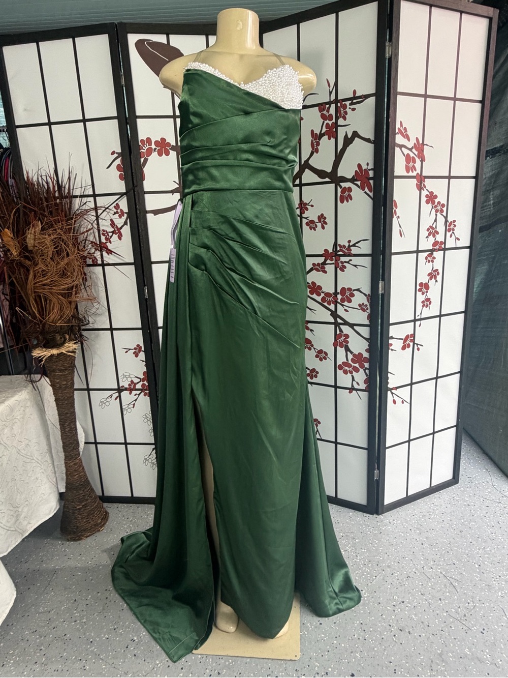 Beaded Emerald Green Satin Prom Gown - Picture 7 of 9